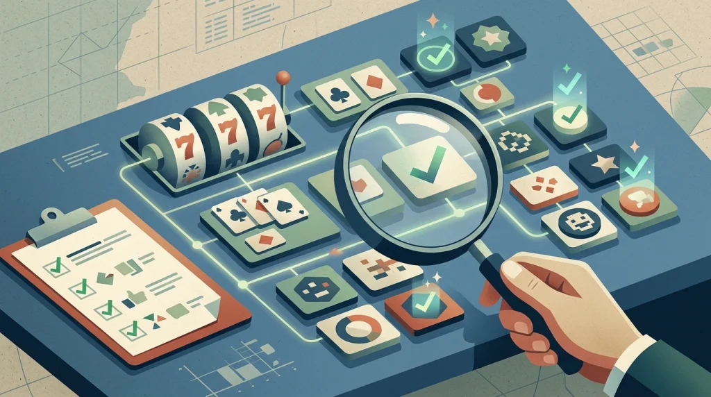Casino game category review with abstract slots, cards and software tiles