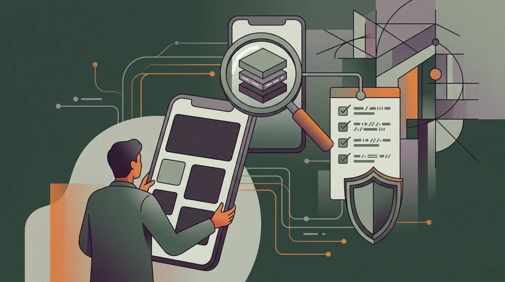 Mobile casino due-diligence illustration with browser, app-store and verification checklist