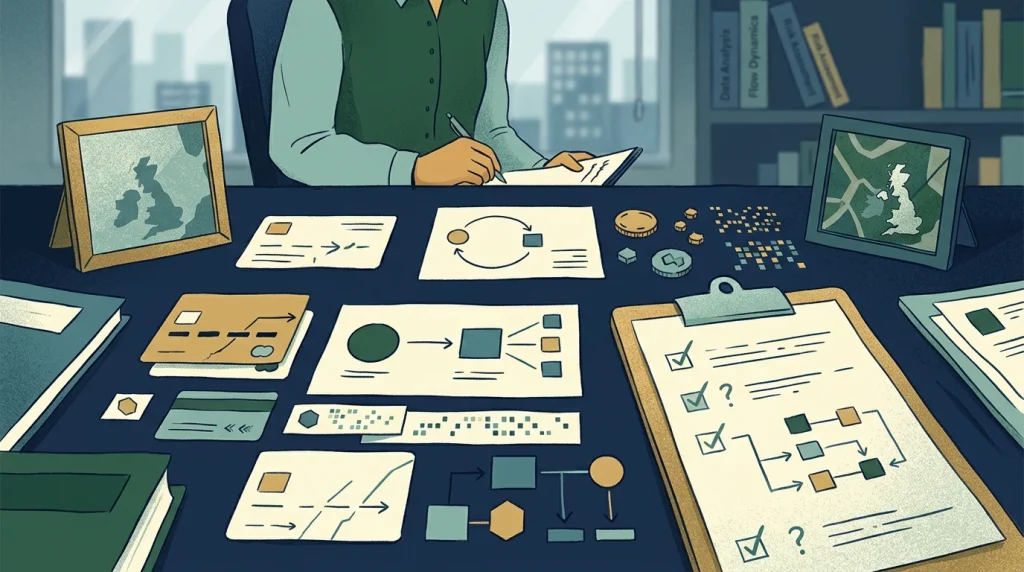 Banking table and currency-risk review illustration with cards, crypto and checklist notes
