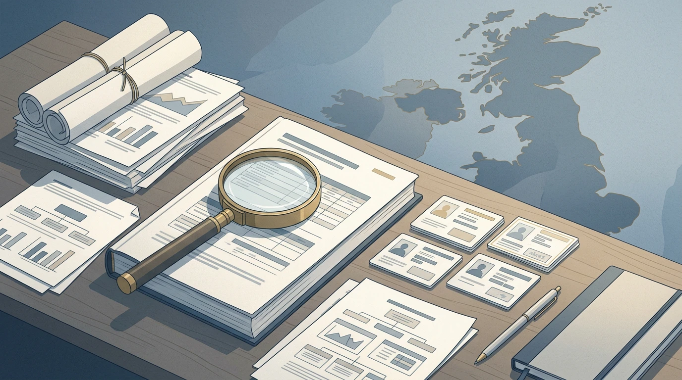 Editorial desk with UK casino due-diligence notes and source documents